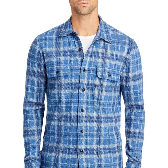 Faherty Men's Legend Sweater Shirt Vancouver Plaid Blue Size Medium M EUC $178 - Picture 1 of 3